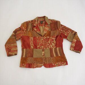 Vintage ELCC Rust Gold Patchwork Tapestry Floral Textured Button Blazer XL